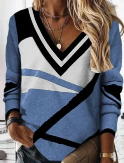 Women's T Shirt Geometric Fashion Modern Casual Long Sleeve V Neck Regular Tops Daily Weekend Print Red Blue Gray Fall Winter Women T-Shirts