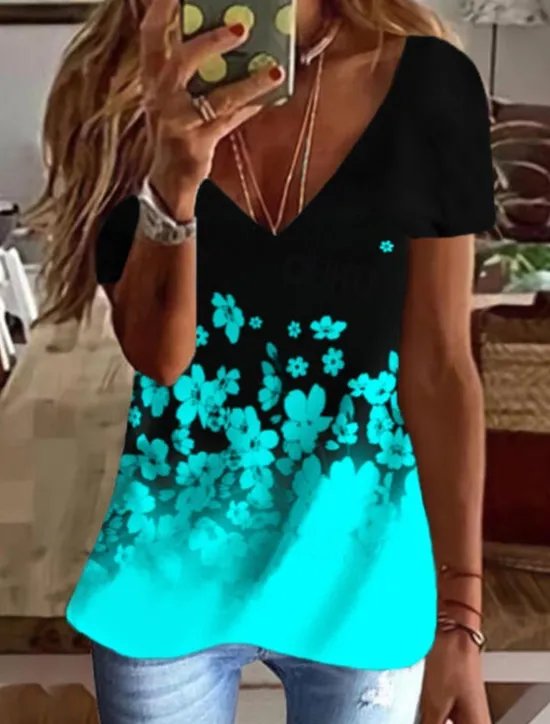 Women's T Shirt Going Out Tops Graphic Tunic Basic Short Sleeve V Neck Regular Tops Daily Weekend Print Women Tunic Tops