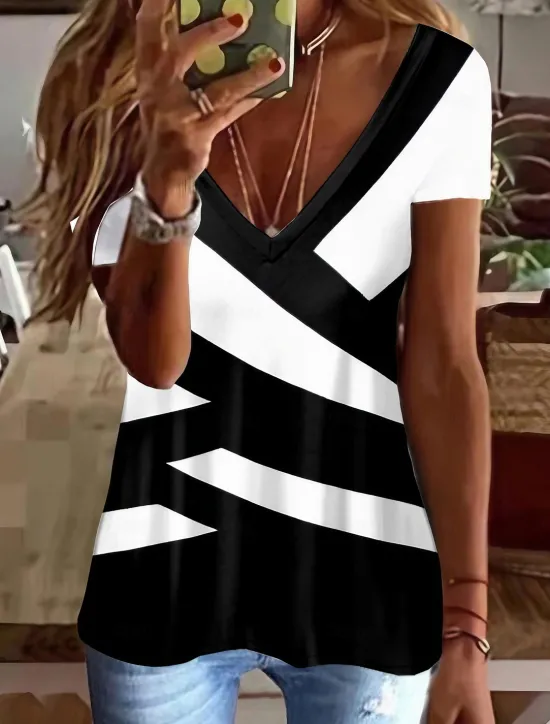 Women's T Shirt Going Out Tops Color Block Tunic Basic Short Sleeve V Neck Regular Tops Daily Weekend Print Women Tunic Tops