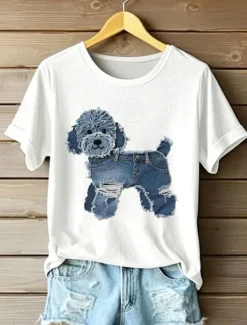 Clearance Women's T Shirt Graphic Animal Dog Vintage Stylish Classic Short Sleeve Crew Neck Round Neck Regular Tops Daily Weekend Print Black White Summer Spring Women T-Shirts