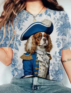 Hot Women's T Shirt Graphic Animal Vintage Stylish Classic Short Sleeve Crew Neck Round Neck Regular Tops Daily Print White Blue Light Blue Summer Women T-Shirts
