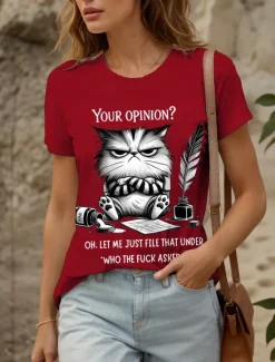 Sale Women's T Shirt Graphic Animal Cat Vintage Stylish Classic Short Sleeve Crew Neck Round Neck Regular Tops Daily Weekend Print Black White Pink Red Blue Summer Spring Women T-Shirts
