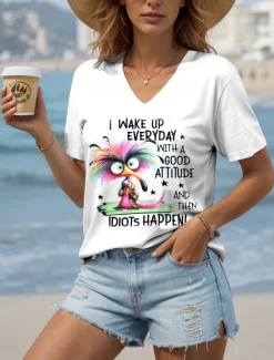 Discount Women's T Shirt Graphic Animal Letter Vintage Stylish Ethnic Short Sleeve V Neck Regular Tops Daily Going out Beach Wear Print White Sky Blue Violet Summer Spring Women T-Shirts