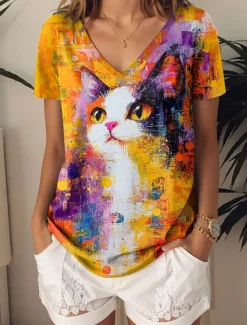 Online Women's T Shirt Graphic Animal Cat Vintage Stylish Modern Short Sleeve V Neck Regular Tops Daily Print Summer Women T-Shirts