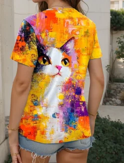 Online Women's T Shirt Graphic Animal Cat Vintage Stylish Modern Short Sleeve V Neck Regular Tops Daily Print Summer Women T-Shirts