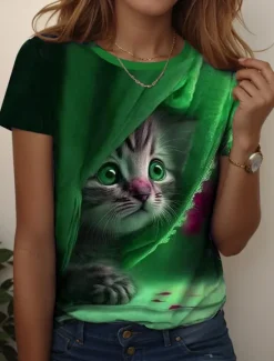 Hot Women's T Shirt Graphic Animal Cat Vintage Stylish Classic Short Sleeve Crew Neck Regular Tops Daily Weekend Print Blue Purple Green Summer Spring Women T-Shirts