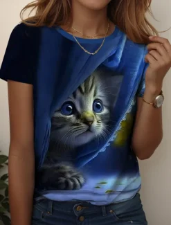 Hot Women's T Shirt Graphic Animal Cat Vintage Stylish Classic Short Sleeve Crew Neck Regular Tops Daily Weekend Print Blue Purple Green Summer Spring Women T-Shirts