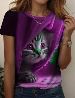 Hot Women's T Shirt Graphic Animal Cat Vintage Stylish Classic Short Sleeve Crew Neck Regular Tops Daily Weekend Print Blue Purple Green Summer Spring Women T-Shirts