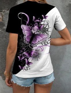 Hot Women's T Shirt Graphic Animal Geometric Vintage Fashion Stylish Short Sleeve Crew Neck Round Neck Regular Tops Daily Weekend Print Black+White+Gray Yellow Red Blue Purple Summer Spring Women T-Shirts