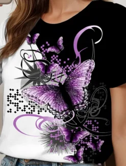 Hot Women's T Shirt Graphic Animal Geometric Vintage Fashion Stylish Short Sleeve Crew Neck Round Neck Regular Tops Daily Weekend Print Black+White+Gray Yellow Red Blue Purple Summer Spring Women T-Shirts