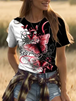 Hot Women's T Shirt Graphic Animal Geometric Vintage Fashion Stylish Short Sleeve Crew Neck Round Neck Regular Tops Daily Weekend Print Black+White+Gray Yellow Red Blue Purple Summer Spring Women T-Shirts