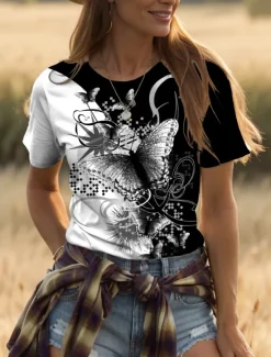 Hot Women's T Shirt Graphic Animal Geometric Vintage Fashion Stylish Short Sleeve Crew Neck Round Neck Regular Tops Daily Weekend Print Black+White+Gray Yellow Red Blue Purple Summer Spring Women T-Shirts