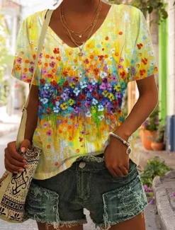 Hot Women's T Shirt Graphic Basic Short Sleeve V Neck Regular Tops Daily Weekend Print Yellow Red Blue Green Women Boho Tops