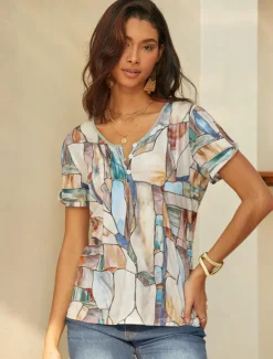 Outlet Women's T Shirt Graphic Basic Short Sleeve V Neck Regular Tops Daily Weekend Buttons Cut Out Print Blue Green Khaki Women Boho Tops