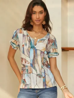 Outlet Women's T Shirt Graphic Basic Short Sleeve V Neck Regular Tops Daily Weekend Buttons Cut Out Print Blue Green Khaki Women Boho Tops