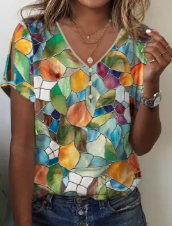 Outlet Women's T Shirt Graphic Basic Short Sleeve V Neck Regular Tops Daily Weekend Buttons Cut Out Print Blue Green Khaki Women Boho Tops