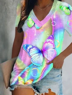 Online Women's T Shirt Graphic Butterfly Tie Dye Basic Neon & Bright Short Sleeve V Neck Regular Tops Holiday Weekend Print Yellow Pink Blue Green Light Blue Women T-Shirts