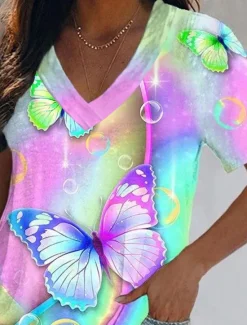 Online Women's T Shirt Graphic Butterfly Tie Dye Basic Neon & Bright Short Sleeve V Neck Regular Tops Holiday Weekend Print Yellow Pink Blue Green Light Blue Women T-Shirts
