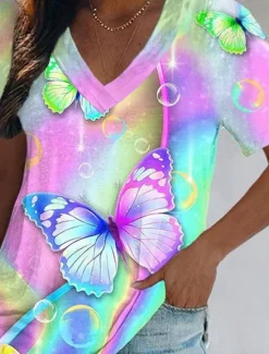 Online Women's T Shirt Graphic Butterfly Tie Dye Basic Neon & Bright Short Sleeve V Neck Regular Tops Holiday Weekend Print Yellow Pink Blue Green Light Blue Women T-Shirts