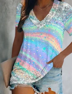 Online Women's T Shirt Graphic Butterfly Tie Dye Basic Neon & Bright Short Sleeve V Neck Regular Tops Holiday Weekend Print Yellow Pink Blue Green Light Blue Women T-Shirts
