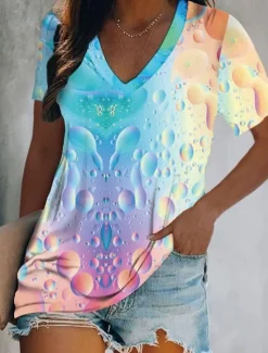 Online Women's T Shirt Graphic Butterfly Tie Dye Basic Neon & Bright Short Sleeve V Neck Regular Tops Holiday Weekend Print Yellow Pink Blue Green Light Blue Women T-Shirts