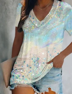 Online Women's T Shirt Graphic Butterfly Tie Dye Basic Neon & Bright Short Sleeve V Neck Regular Tops Holiday Weekend Print Yellow Pink Blue Green Light Blue Women T-Shirts