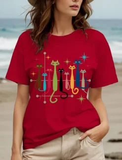 Online Women's T Shirt Graphic Cat Star Vintage Stylish Classic Short Sleeve Crew Neck Round Neck Regular Tops Daily Weekend Print Black White Yellow Red Blue Summer Spring Women T-Shirts