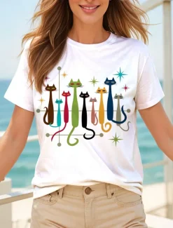 Online Women's T Shirt Graphic Cat Star Vintage Stylish Classic Short Sleeve Crew Neck Round Neck Regular Tops Daily Weekend Print Black White Yellow Red Blue Summer Spring Women T-Shirts