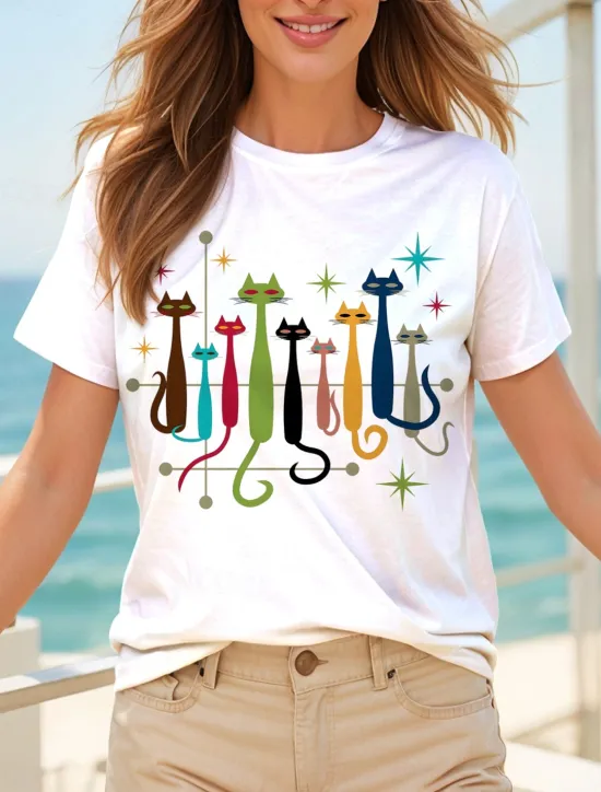 Online Women's T Shirt Graphic Cat Star Vintage Stylish Classic Short Sleeve Crew Neck Round Neck Regular Tops Daily Weekend Print Black White Yellow Red Blue Summer Spring Women T-Shirts