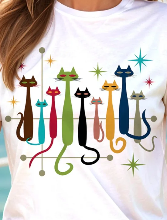 Online Women's T Shirt Graphic Cat Star Vintage Stylish Classic Short Sleeve Crew Neck Round Neck Regular Tops Daily Weekend Print Black White Yellow Red Blue Summer Spring Women T-Shirts