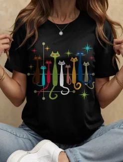 Online Women's T Shirt Graphic Cat Star Vintage Stylish Classic Short Sleeve Crew Neck Round Neck Regular Tops Daily Weekend Print Black White Yellow Red Blue Summer Spring Women T-Shirts