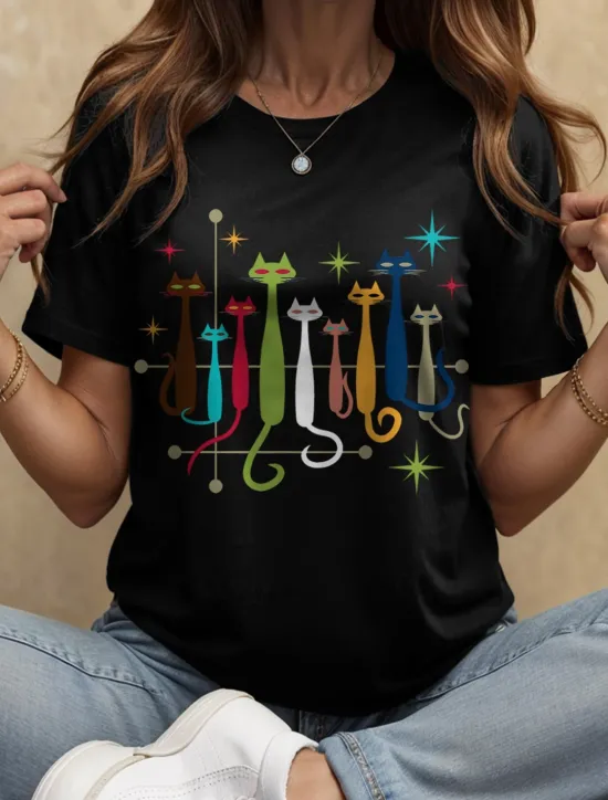Online Women's T Shirt Graphic Cat Star Vintage Stylish Classic Short Sleeve Crew Neck Round Neck Regular Tops Daily Weekend Print Black White Yellow Red Blue Summer Spring Women T-Shirts