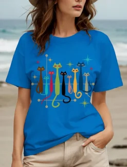 Online Women's T Shirt Graphic Cat Star Vintage Stylish Classic Short Sleeve Crew Neck Round Neck Regular Tops Daily Weekend Print Black White Yellow Red Blue Summer Spring Women T-Shirts
