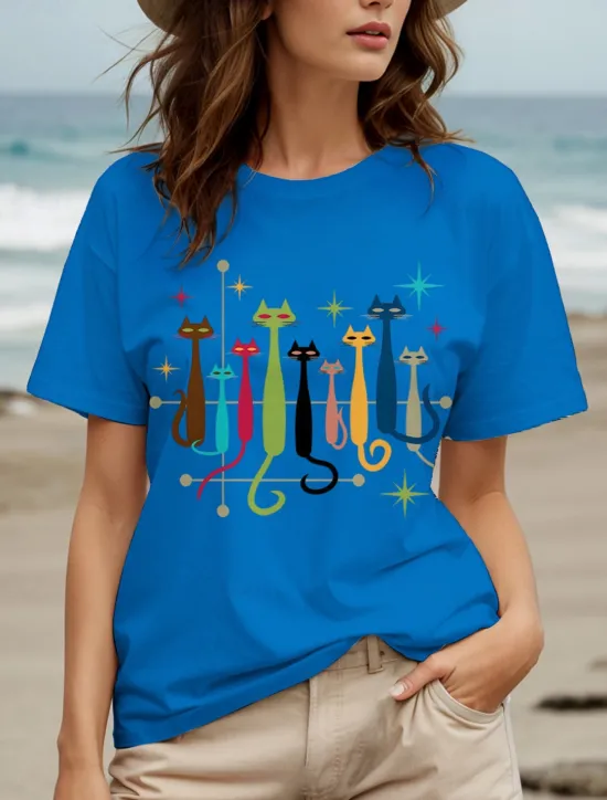 Online Women's T Shirt Graphic Cat Star Vintage Stylish Classic Short Sleeve Crew Neck Round Neck Regular Tops Daily Weekend Print Black White Yellow Red Blue Summer Spring Women T-Shirts