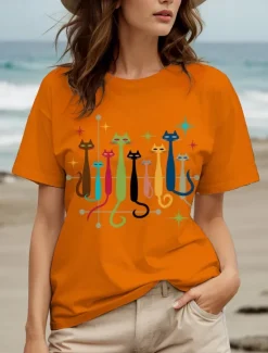 Online Women's T Shirt Graphic Cat Star Vintage Stylish Classic Short Sleeve Crew Neck Round Neck Regular Tops Daily Weekend Print Black White Yellow Red Blue Summer Spring Women T-Shirts