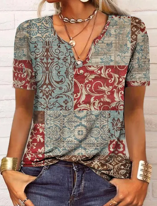 Women's T Shirt Graphic Fashion Boho Short Sleeve V Neck Regular Tops Casual Daily Print Black Red Blue Orange Summer Women Boho Tops