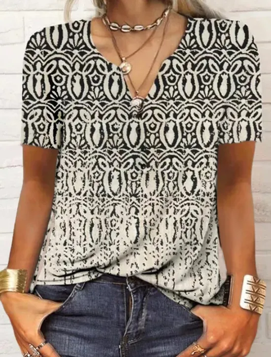 Women's T Shirt Graphic Fashion Boho Short Sleeve V Neck Regular Tops Casual Daily Print Black Red Blue Orange Summer Women Boho Tops