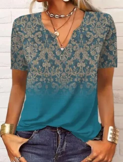 Women's T Shirt Graphic Fashion Boho Short Sleeve V Neck Regular Tops Casual Daily Print Black Red Blue Orange Summer Women Boho Tops
