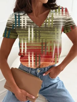 Women's T Shirt Graphic Geometric Casual Short Sleeve V Neck Regular Tops Daily Print Pink Blue Green Summer Spring Women T-Shirts