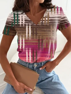 Women's T Shirt Graphic Geometric Casual Short Sleeve V Neck Regular Tops Daily Print Pink Blue Green Summer Spring Women T-Shirts