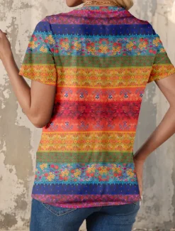 Best Women's T Shirt Graphic Geometric Color Block Stylish Casual Short Sleeve V Neck Regular Tops Daily Weekend Print Summer Spring Women Boho Tops