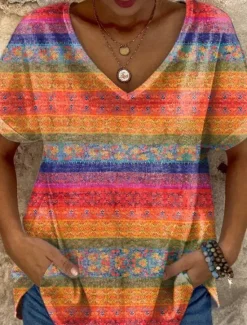 Best Women's T Shirt Graphic Geometric Color Block Stylish Casual Short Sleeve V Neck Regular Tops Daily Weekend Print Summer Spring Women Boho Tops