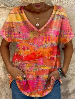 Hot Women's T Shirt Graphic Geometric Vintage Vintage Ethnic Casual Short Sleeve V Neck Regular Tops Daily Weekend Beach Wear Print Maroon Red Orange Summer Spring Women Boho Tops|T-Shirts