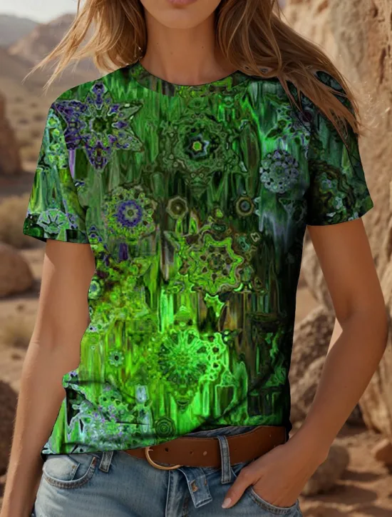 Online Women's T Shirt Graphic Geometric Bohemia Vintage Ethnic Short Sleeve Crew Neck Round Neck Regular Tops Daily Going out Weekend Print Red Blue Purple Green Summer Spring Women T-Shirts