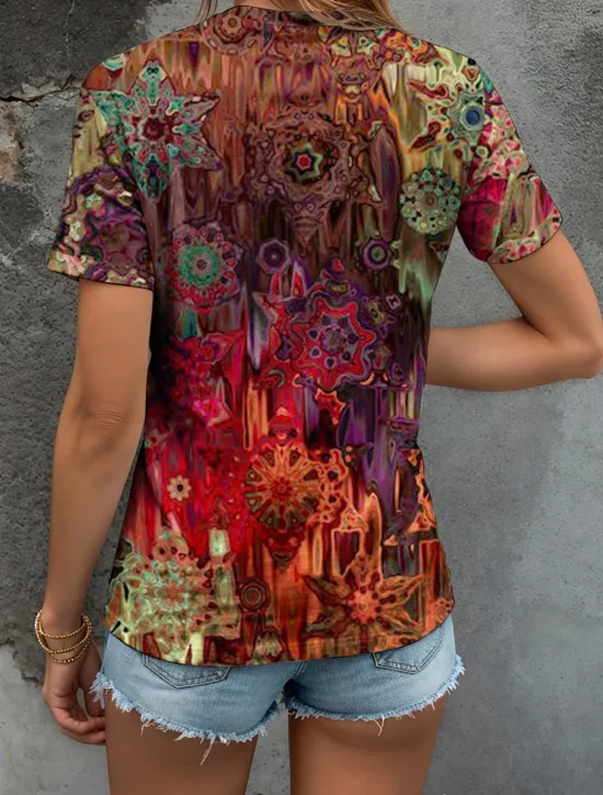 Online Women's T Shirt Graphic Geometric Bohemia Vintage Ethnic Short Sleeve Crew Neck Round Neck Regular Tops Daily Going out Weekend Print Red Blue Purple Green Summer Spring Women T-Shirts