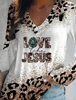 New Women's T Shirt Graphic Leopard Vintage Stylish Classic Long Sleeve V Neck Regular Tops Daily Weekend Vacation Wear Print Spring Fall Spring, Fall, Winter, Summer Witch Women T-Shirts