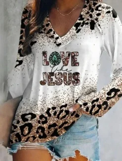 New Women's T Shirt Graphic Leopard Vintage Stylish Classic Long Sleeve V Neck Regular Tops Daily Weekend Vacation Wear Print Spring Fall Spring, Fall, Winter, Summer Witch Women T-Shirts