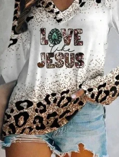 New Women's T Shirt Graphic Leopard Vintage Stylish Classic Long Sleeve V Neck Regular Tops Daily Weekend Vacation Wear Print Spring Fall Spring, Fall, Winter, Summer Witch Women T-Shirts