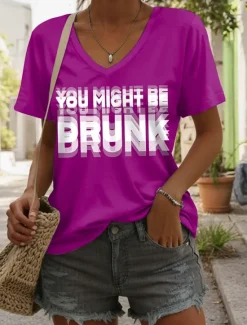 Best Women's T Shirt Graphic Letter Stylish Casual Short Sleeve V Neck Regular Tops Daily Print Black Red Blue Fuchsia Green Summer DRUNK Women T-Shirts