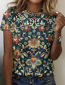 Women's T Shirt Graphic Paisley Vintage Stylish Casual Short Sleeve Crew Neck Regular Tops Daily Weekend Beach Wear Print Black+White+Red Black Pink Dark Green Brown Summer Women T-Shirts|Boho Tops